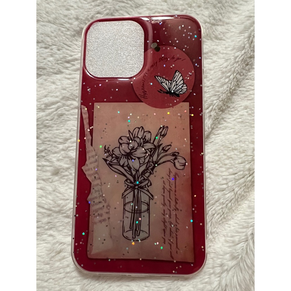 Red Glitter Butterfly Floral Phone Case for iPhone 13‎ Pro Max
